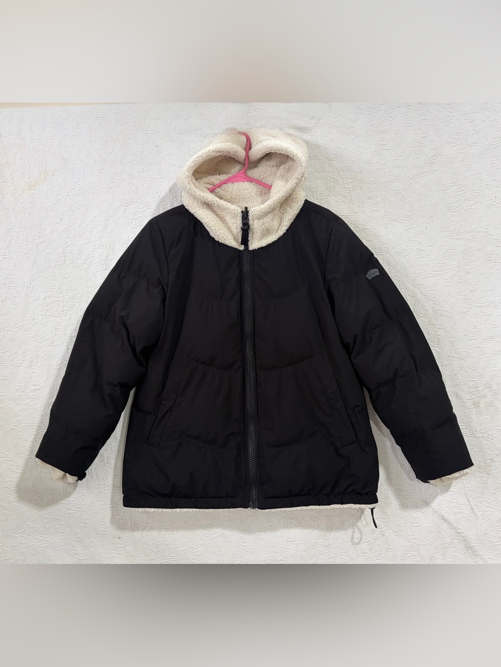 Koolaburra UGG Reversible Sherpa Puffer Jacket Hooded Black Ivory